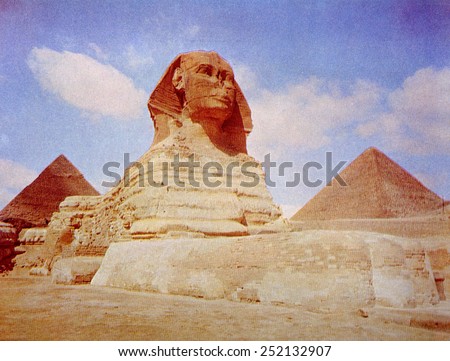 The Sphinx of King Khafre (aka Chephren), IV Dynasty, ca. 2500 B.C. in front of the pyramids of Gazeh