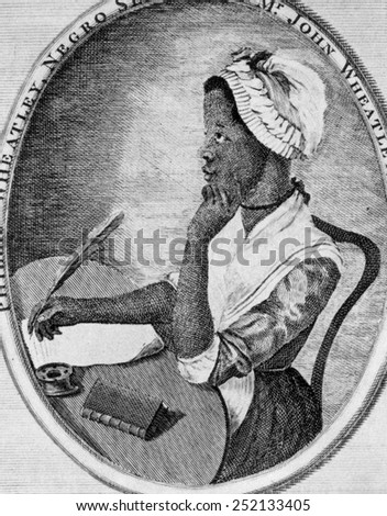 Phillis Wheatley (1753-1784), the first African American female writer to be published in the United States in 1773. Engraving from frontispiece from \'Poems on Various Subjects\', 1773.