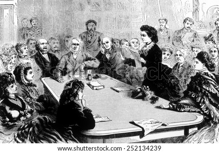 Victoria Claflin Woodhull, (1838-1927), first female candidate for President, addressing a Congressional committee on women's suffrage, 1872.