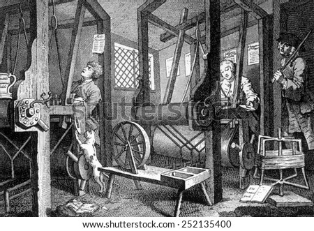 Weaving at Spitalfields, England, \'Industry and Idleness\' engraving by William Hogarth circa 1780,