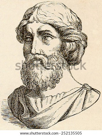 PYTHAGORAS, printed engraving of the 6th century BC mathematician and philosopher, born 569 BC in Samos, Ionia (Italy), died around 475 BC.