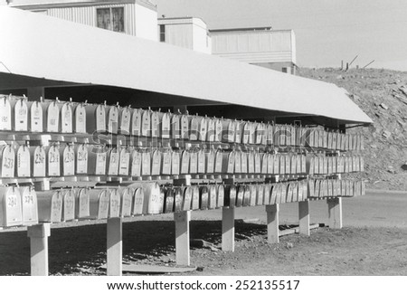 Cluster of mail boxes at a mobile home park in Rock Springs, Wyoming, 1970.