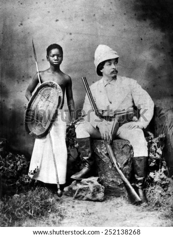 Sir Henry Morton Stanley (right, 1841-1904), Journalist and African explorer circa 1880\'s.
