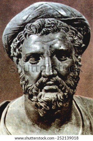 PYTHAGORAS, bust of the 6th century BC mathematician and philosopher, born 569 BC in Samos, Ionia (Italy), died around 475 BC.