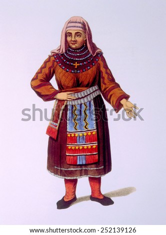 Peasant woman of Finland. hand-colored engraving from Costumes of the Russian Empire, 1803.