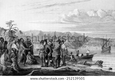 Henry Hudson meeting Indians at Sandy Hook, New York, 1609