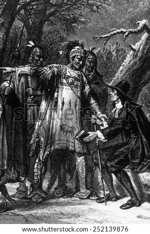 Roger Williams (right) being sheltered by Native Americans after fleeing Massachusetts Colony to avoid arrest, 1636