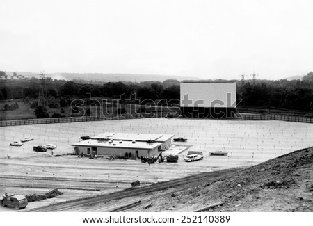 Drive-in movie theater under construction in Cleveland, Ohio, 1957.