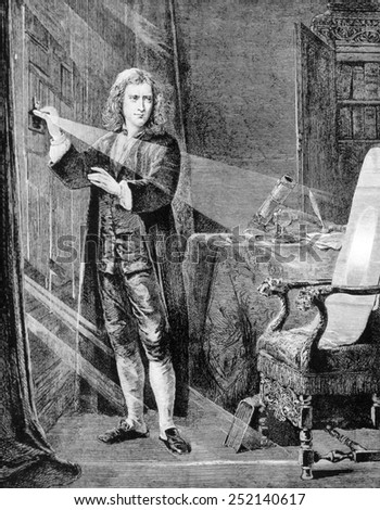 Sir Isaac Newton (1642-1727) examining the nature of light with the aid of a prism