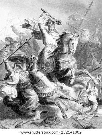 Charles Martel halting the Moorish conquest of Europe at the Battle of Tours, 732 A.D., engraving after the painting by G. Bleibtrau, 1882