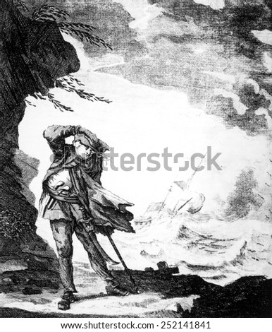 Edward Low, (aka Edward Lowe), English pirate shown on shore watching a ship foundering in a hurricane, c. 1720.