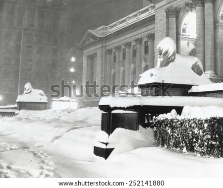The lion statues at the New York Public Library covered with snow during the record snowfall. 19.6 inches of snow fell on Sunday, Dec. 19, 1948.