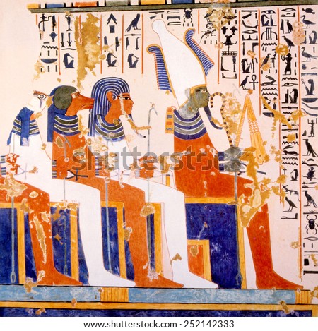 Painting of burial gods Kebehsenenuef, Hapi and Imseti with the god Isiris (right) in the tomb of Nebamun and Ipuki, ca. 1380 B.C.