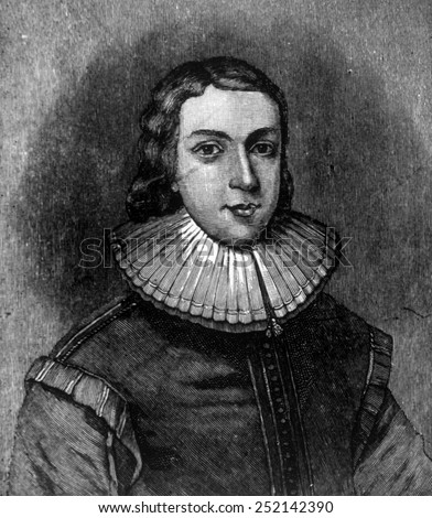 John Milton (1608-1674), author of 'Paradise Lost,' engraving depicting him at age 21, 1731