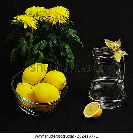 Black and yellow still life with a bunch of flowers, lemons, a water bottle and a butterfly