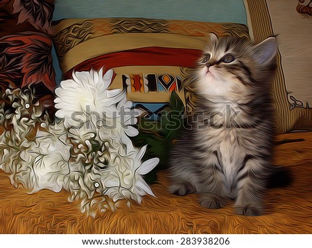 Little kitty looking up with white flowers near him on the bed in the room
