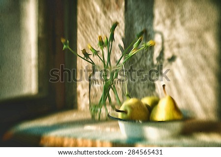 Still life on the wood table of shelf with pears on the iron plate and some blow balls in the glass can