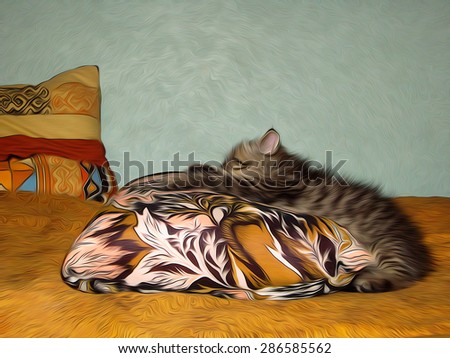 Little striped kitty sleeping on the pillow in the bed