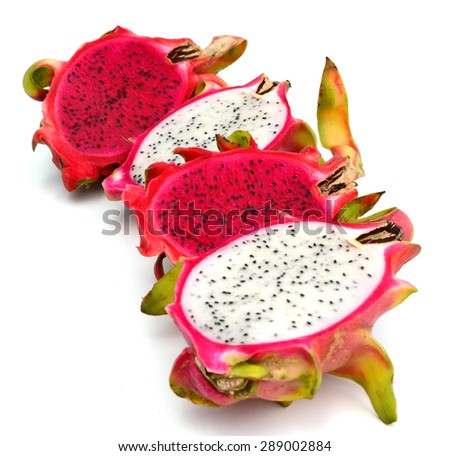 Fresh whole and two half dragon fruit isolated white background. Dragon fruit or Pitaya is the plant in Cactaceae family or Cactus.