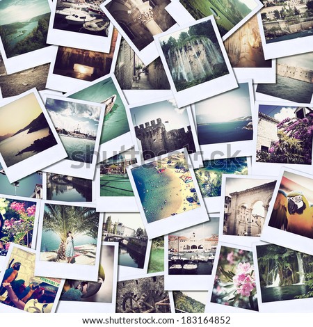 mosaic with pictures of different places and landscapes, snapshots uploaded to social networking services