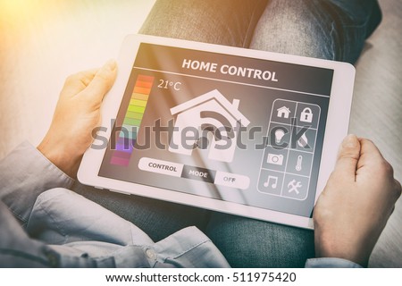 home smart system automated connection room thermostat control display monitoring tablet house remote internet light app technology concept