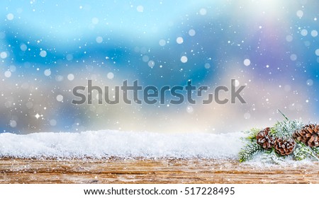 snow background light floor cold empty blue wooden space white table xmas fir plank landscape season wood card january frost falling concept - stock image
