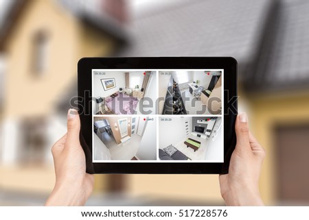 home camera cctv monitoring monitor system alarm smart house video phone view concept - stock image