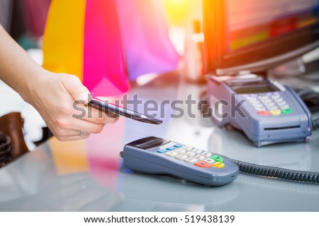 mobile payment phone retail nfc pay paying smart shopping reader woman wireless concept - stock image