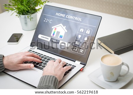home smart system automated connection room thermostat control display monitoring laptop house remote internet light app technology concept - stock image