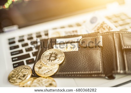 Virtual currency wallet. Bitcoin gold coin and printed encrypted money with QR code. Cryptocurrency concept.