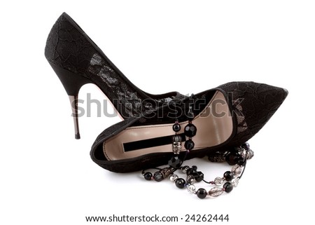 Pair of black lace shoes with beads