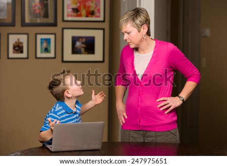 Mother upset at son for gaming on computer.