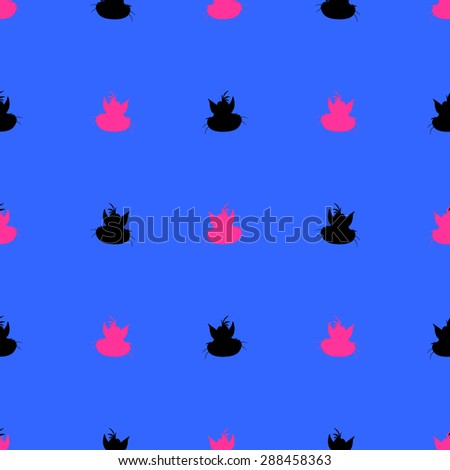 Seamless pattern of cartoon animals cats, hot pink and black on a blue indigo background