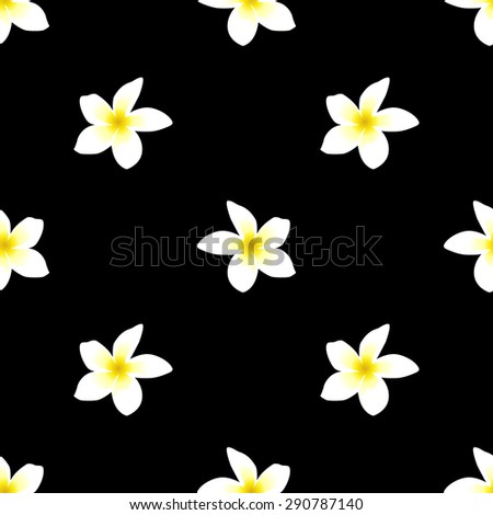 Seamless pattern with tropical flower white frangipani on a black background