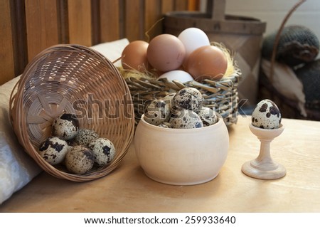 chicken and quail eggs, healthy food with chicken farm on the table
