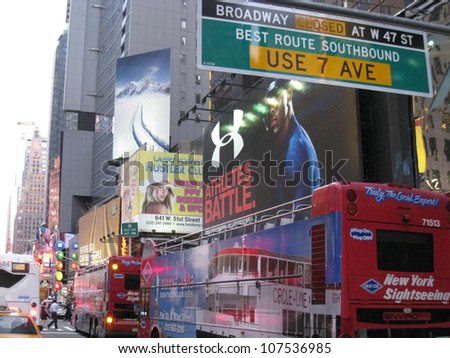 NEW YORK CITY - AUG 15: Times Square, featured with Broadway Theaters and animated LED signs, is a symbol of New York City and the United States, on August 15, 2009 in Manhattan, New York City (USA)