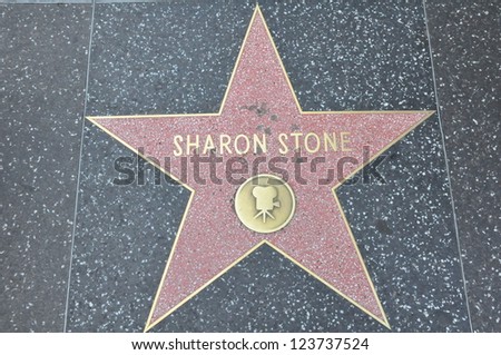 HOLLYWOOD - DECEMBER 7: Sharon Stone\'s star on Hollywood Walk of Fame on December 7, 2012 in Hollywood, California. This star is located on Hollywood Blvd. and is one of 2400 celebrity stars.