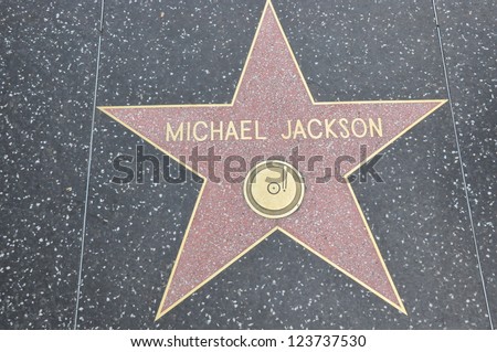 HOLLYWOOD - DECEMBER 7: Michael Jackson\'s star on Hollywood Walk of Fame on December 7, 2012 in Hollywood, California. This star is located on Hollywood Blvd. and is one of 2400 celebrity stars.
