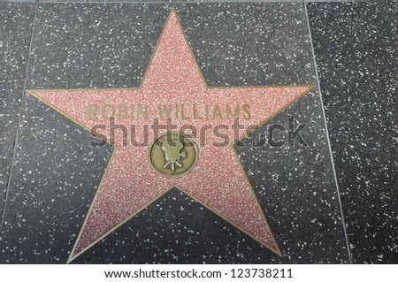 HOLLYWOOD - DECEMBER 7: Robin William\'s star on Hollywood Walk of Fame on December 7, 2012 in Hollywood, California. This star is located on Hollywood Blvd. and is one of 2400 celebrity stars.