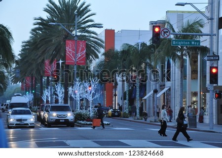 BEVERLY HILLS, CA - DEC 7: Rodeo Drive in Beverly Hills on December 7, 2012. Rodeo Drive is an affluent shopping district known for designer label and haute couture fashion.