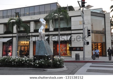 BEVERLY HILLS, CA - DEC 7: Louis Vuitton store at Rodeo Drive in Beverly Hills on December 7, 2012. Rodeo Drive is an affluent shopping district known for designer label and haute couture fashion.