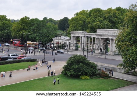 LONDON, UK - SEPTEMBER 4: Grand Entrance to Hyde park, at Hyde Park Corner, next to Apsley House in London, England (UK), as seen on September 4, 2011. Hyde Park is one of the Royal Parks of London.