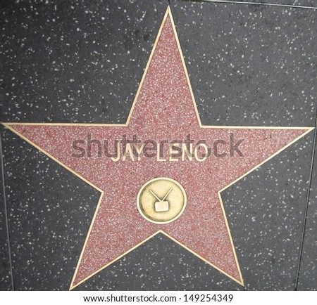 HOLLYWOOD - JULY 11: Jay Leno\'s star on Hollywood Walk of Fame, as seen on July 11, 2013 in Hollywood in California. This star is located on Hollywood Blvd. and is one of 2400 celebrity stars.