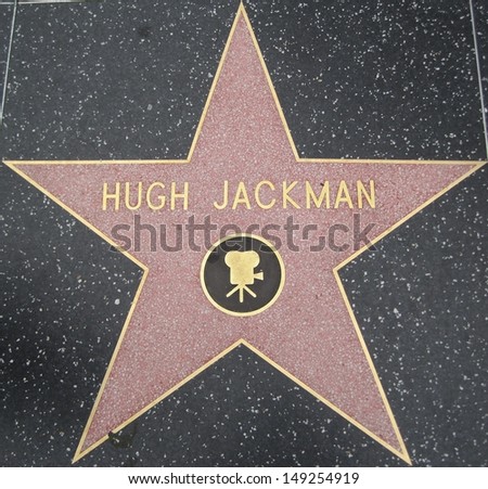 HOLLYWOOD - JULY 11: Hugh Jackman\'s star on Hollywood Walk of Fame, as seen on July 11, 2013 in Hollywood in California. This star is located on Hollywood Blvd. and is one of 2400 celebrity stars.