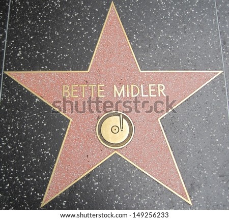 HOLLYWOOD - JULY 11: Bette Midler\'s star on Hollywood Walk of Fame, as seen on July 11, 2013 in Hollywood in California. This star is located on Hollywood Blvd. and is one of 2400 celebrity stars.