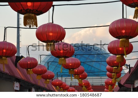 DUBAI, UAE - FEB 12: China pavilion at Global Village in Dubai, UAE, as seen on Feb 12, 2014. The Global Village is claimed to be the world\'s largest tourism, leisure and entertainment project.