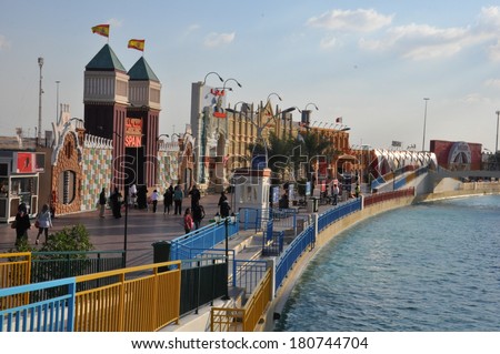 DUBAI, UAE - FEB 12: Pavilions at Global Village in Dubai, UAE, as seen on Feb 12, 2014. The Global Village is claimed to be the world\'s largest tourism, leisure and entertainment project.