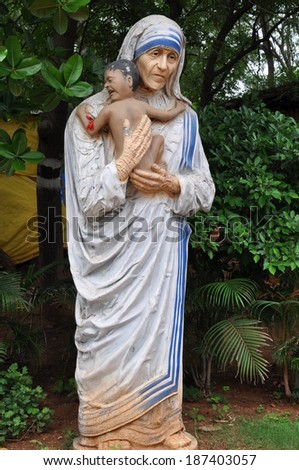 HYDERABAD, INDIA - JULY 27: Mother Teresa statue at Shilparamam in Hyderabad, India, on July 27, 2012. It is an arts and crafts village creating an environment for preservation of traditional crafts.