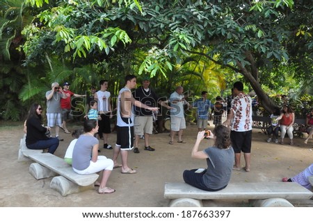 LAIE, HAWAII - DEC 26: Cultural activities at the Polynesian Cultural Center on Dec 26, 2012 in Laie, Oahu, Hawaii. The center is owned by The Church of Jesus Christ of Latter-day Saints (LDS Church).