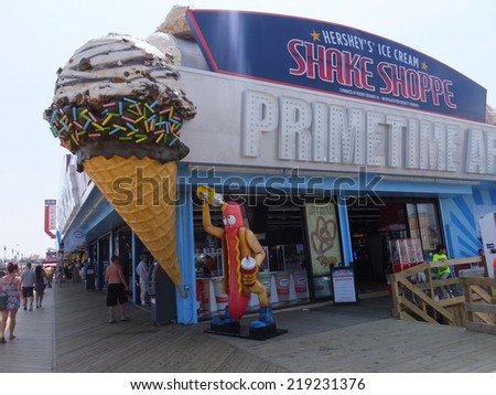 SEASIDE HEIGHTS, NEW JERSEY - AUG 17: Restaurants at Seaside Heights at Jersey Shore in New Jersey, as seen on August 17, 2014. The Casino pier here features numerous rides and attractions.